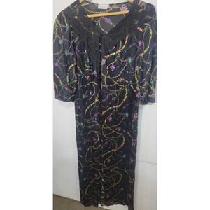 Vtg Vassarette Black Chain Gem Print Lace Trim Nightgown L‎